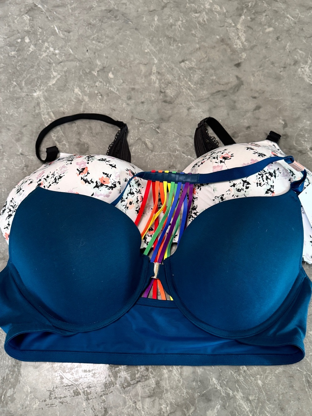 Cacique Teal Longline Bra with Rainbow Strap Accent